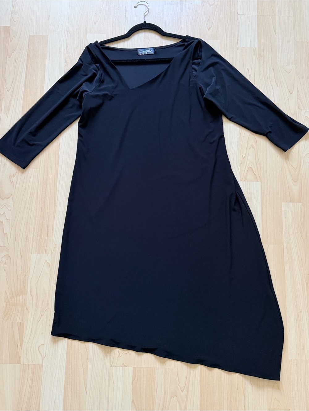 Sympli Black asymmetrical neck & bottom hem Black 3/4 Sleeve A-Line Dress, sz 14
